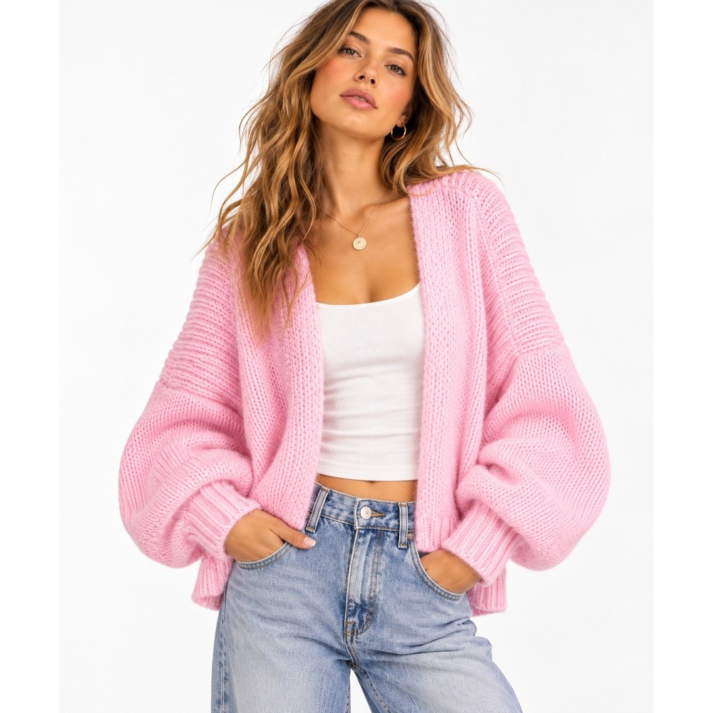 Vero Moda Pink Open Front Cardigan Oversized Knit Sweater Size L NWT